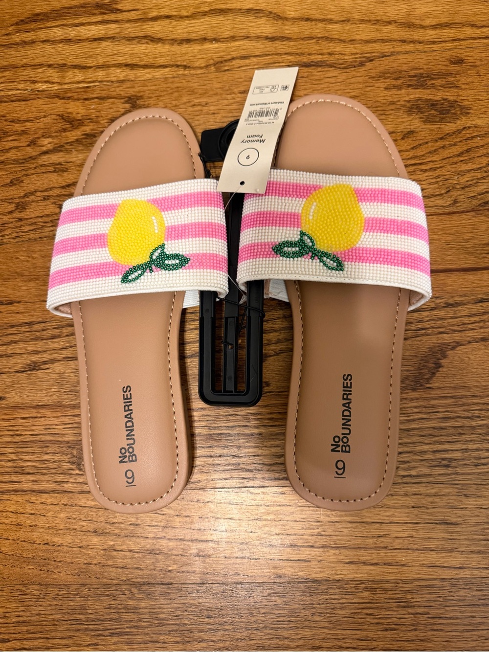 No Boundaries Pink & White Striped Slide Sandals with Lemon Patch